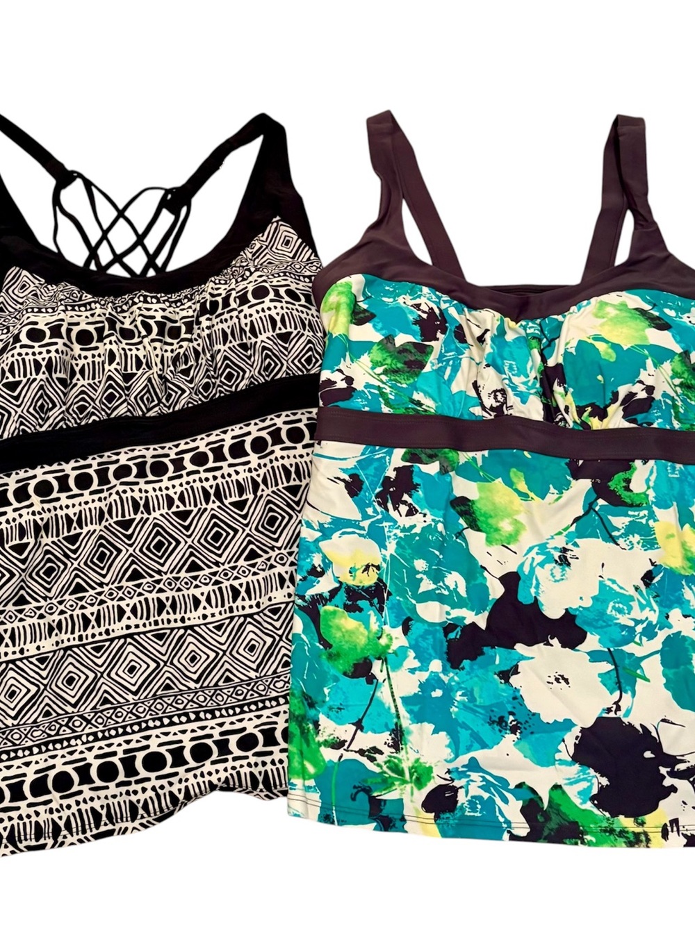 Women’s Floral & Geometric Tankini Tops - Black & Teal